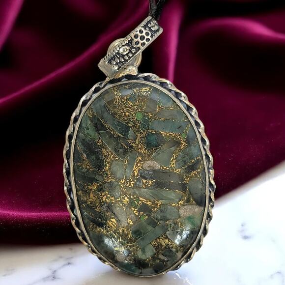 Emerald Mosaic Pendant in Sterling Silver – Handmade Green Stone Necklace - Picture 1 of 10